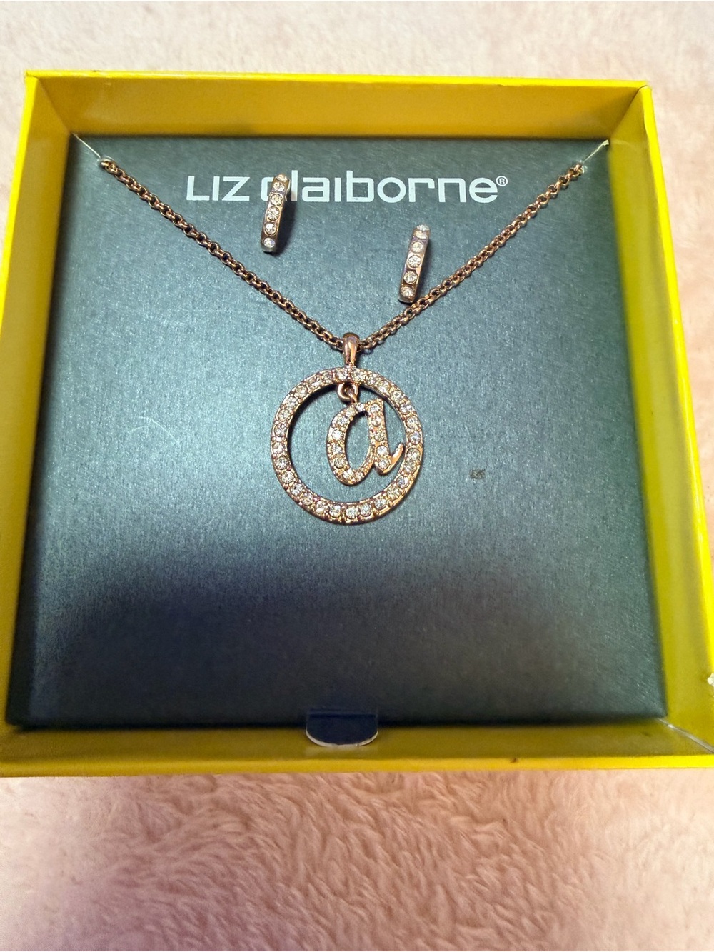 Liz Claiborne Rose Gold Initial "a" Circle Pendant Necklace & Earring Set